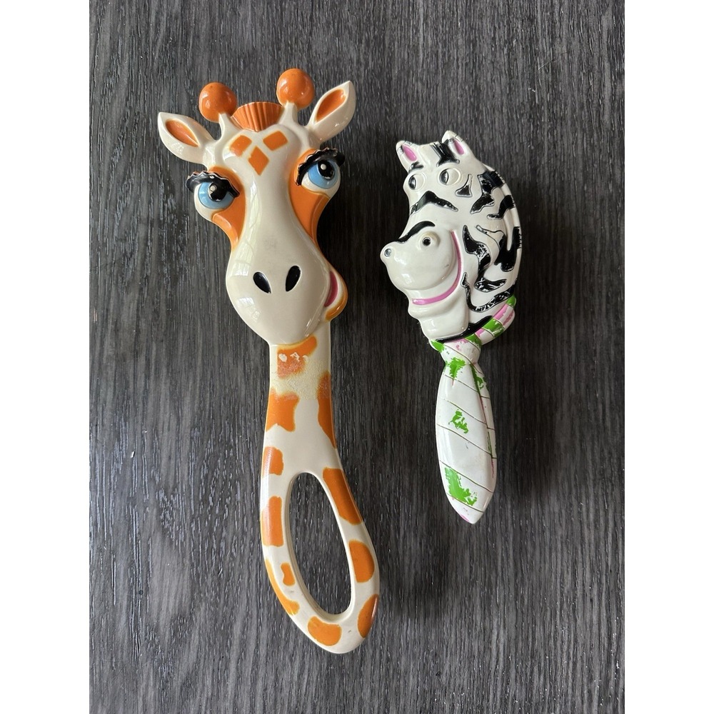 Vintage 1970s Avon‎ Giraffe Bath Brush Long Handle & Avon Zany Zebra Hair Brush